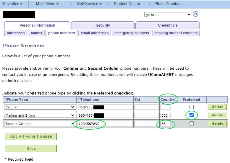Screenshot of where to enter phone numbers in Student Admin.
